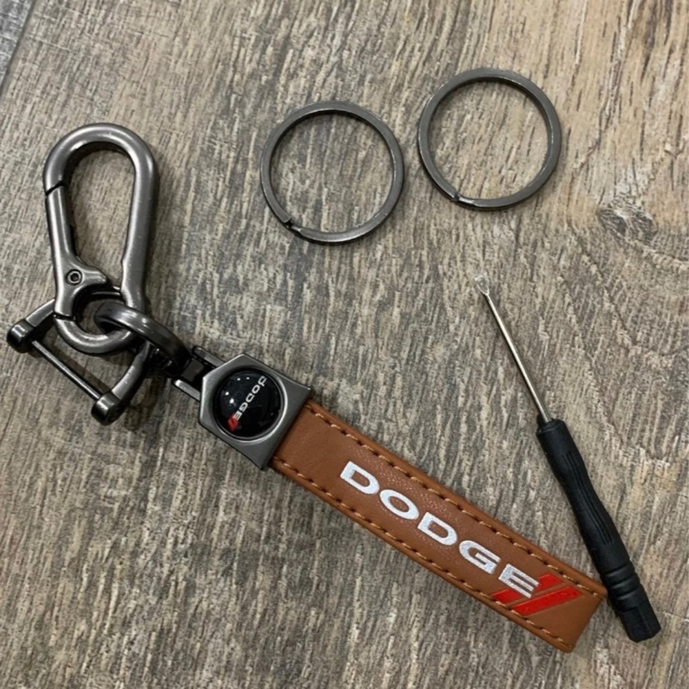 Dodge Brown Leather Keychain with carabiner